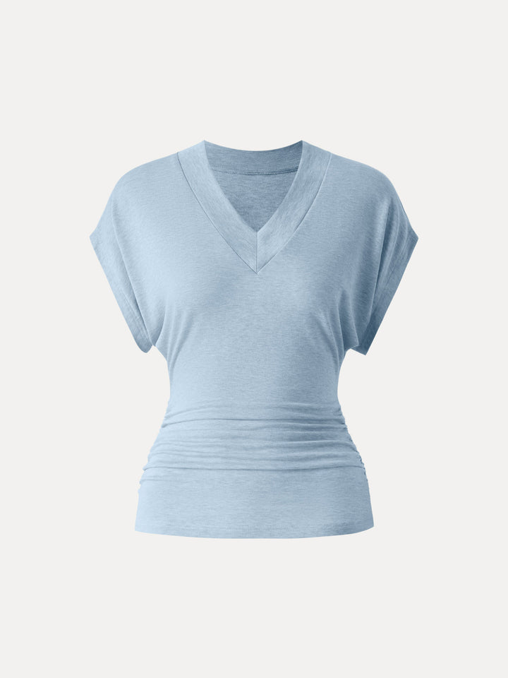 Lyocell Cashmere Blend V-neck Short Sleeve Side Ruched Tee Heather Baby Blue XS