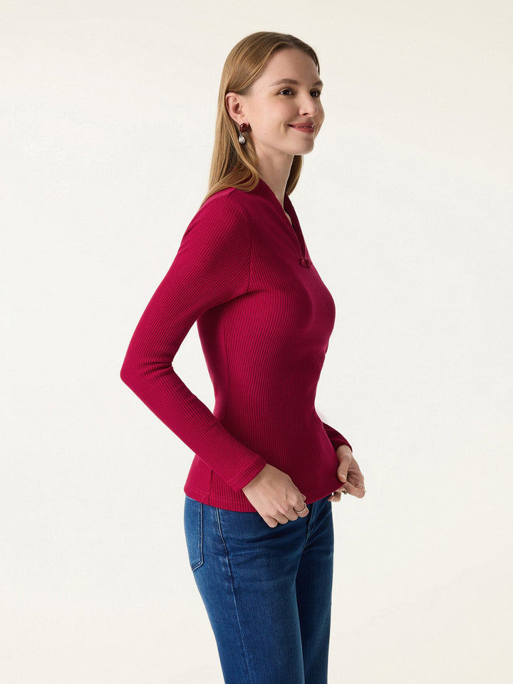 Ribbed Stand V-neck Frog Button Long Sleeve Brami