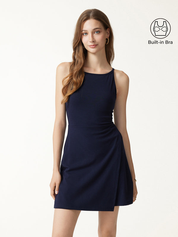 OGLmove Viscose-Cotton Boatneck Sleeveless Wrap Mini Bra Dress Navy XXS