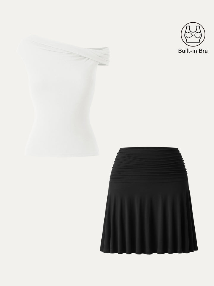 2Pcs Set Multi-wear Versatile Necklines Brami Top & Essential Ruched Mini Circle Skirt Black/Pure White XS