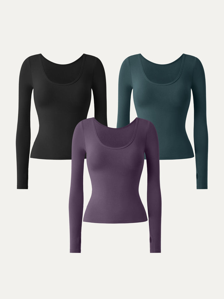 3Pcs Set Essential Lyocell Cashmere Multi-Wear Long Sleeve Top with Thumbholes Black/Plum Wine/Calactic Stream XS