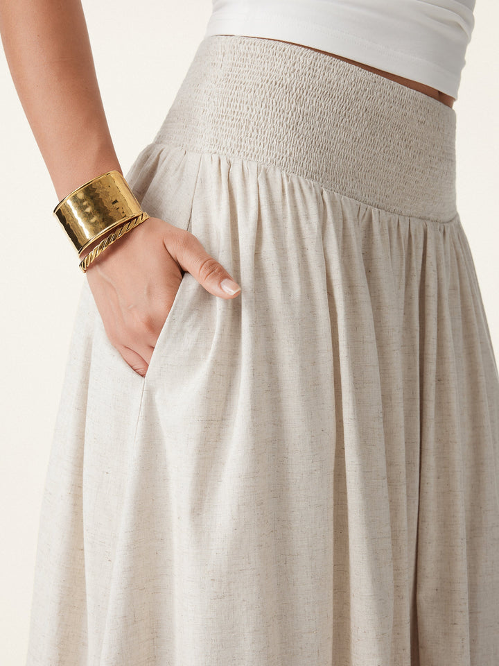 2Pcs Boatneck Ruched Brami Tank & European Linen Smocked Waist Skirt with Pockets