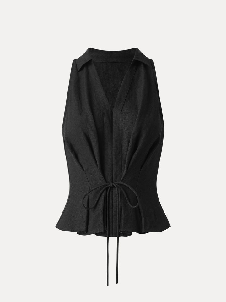 Collared V-neck Pleated Sleeveless Top with Drawstring Black XS
