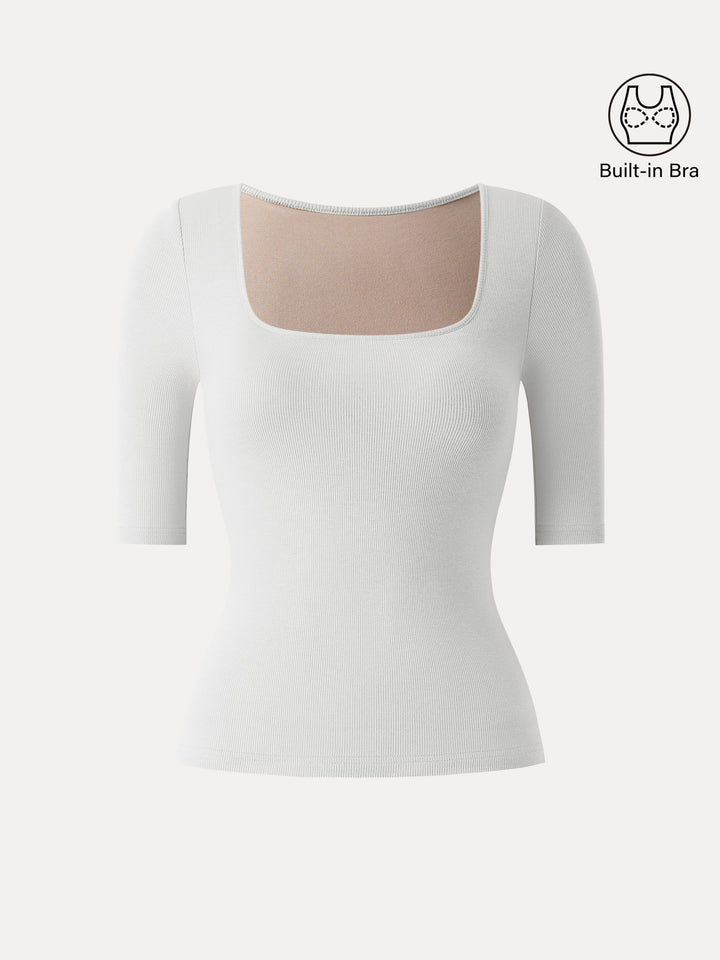 Essential Stretch Cotton Square Neck Elbow Length Sleeve Brami White XS