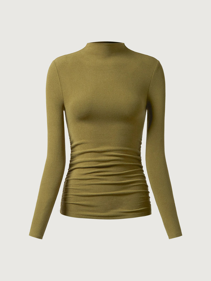 Thermal Ruched Sides Tuckable Mockneck Top Ginger Olive XS