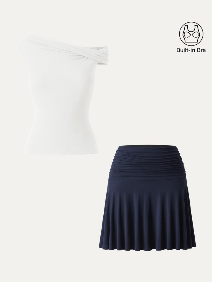 2Pcs Set Multi-wear Versatile Necklines Brami Top & Essential Ruched Mini Circle Skirt Pure White/Midnight Navy XS