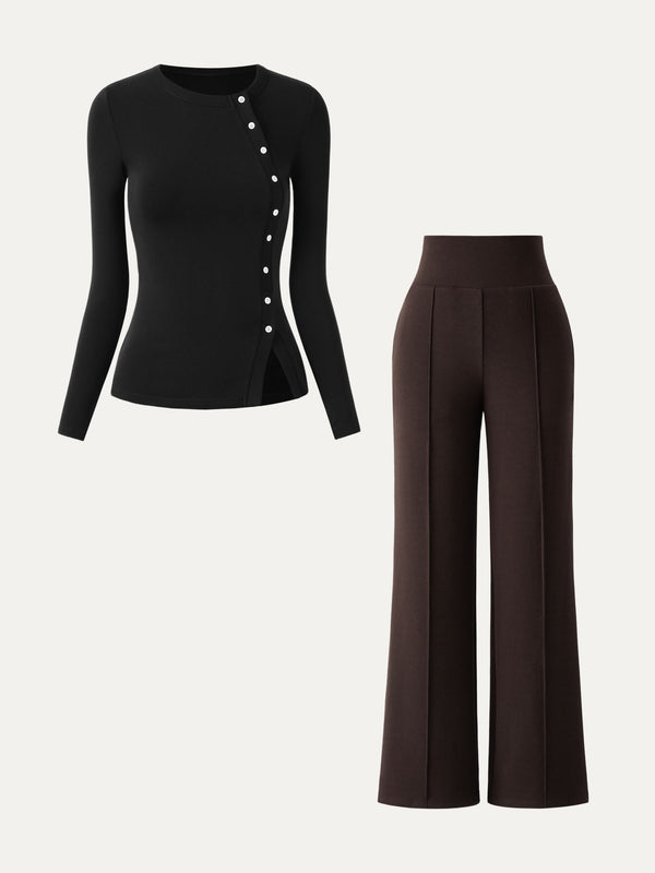 2Pcs Set Asymmetrical Placket Top & Tummy Warmer Pin-Tuck Pant Black/Espresso Shut XS