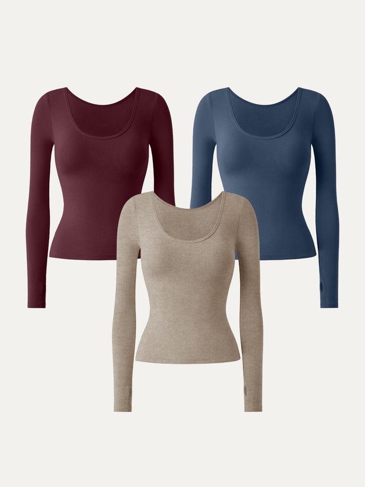 3Pcs Set Essential Lyocell Cashmere Multi-Wear Long Sleeve Top with Thumbholes Heather Calico/Wine/Ink Blue XS