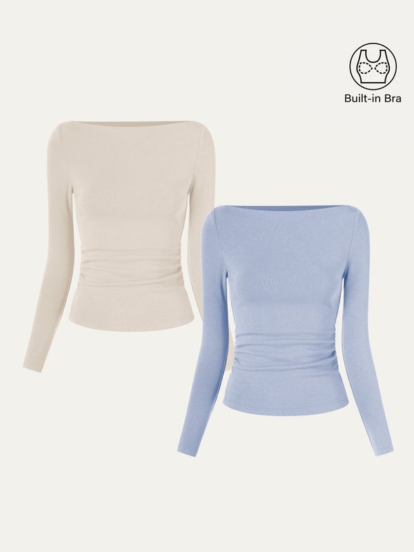 2Pcs Set Modern Side Ruched Boatneck Brami Top Morning Mist/Sea Glass XS