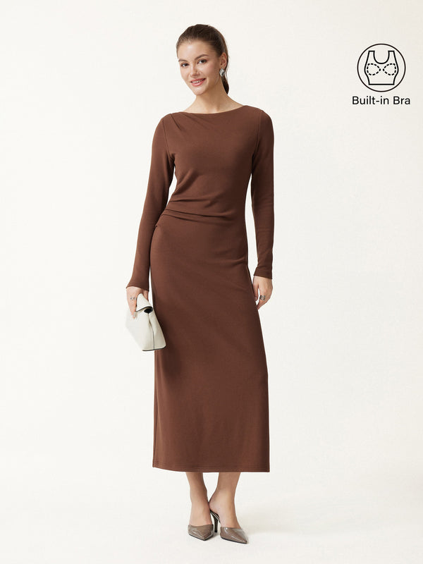 OGLmove ProWarm Boatneck Long Sleeve Tucked Built-In Bra 2.0 Midi Dress Sweet Hazelnut XXS