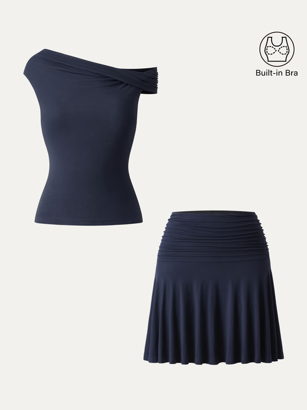 2Pcs Set Multi-wear Versatile Necklines Brami Top & Essential Ruched Mini Circle Skirt Midnight Navy XS