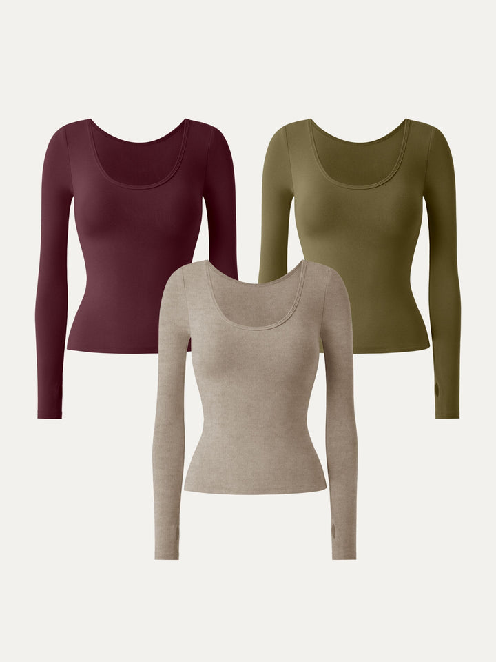 3Pcs Set Essential Lyocell Cashmere Multi-Wear Long Sleeve Top with Thumbholes Heather Calico/Wine/Brass Olive XS