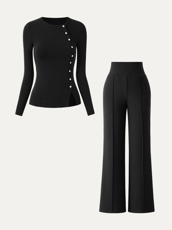 2Pcs Set Asymmetrical Placket Top & Tummy Warmer Pin-Tuck Pant Black XS