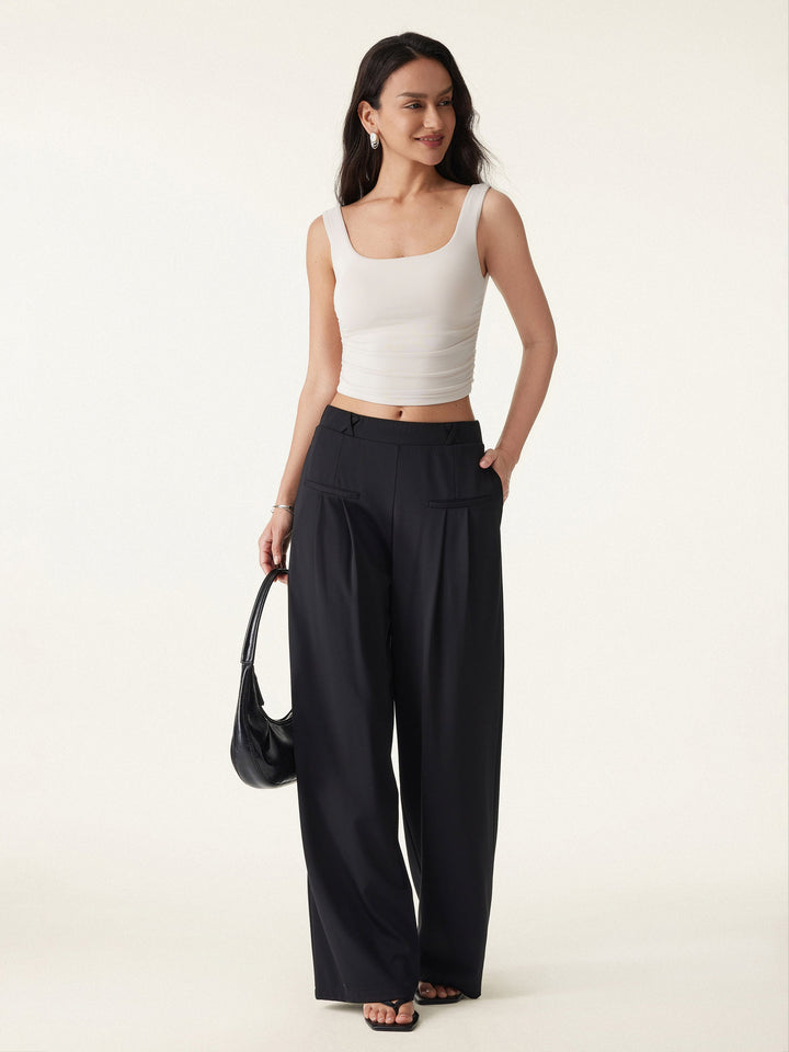 Drapey Bamboo Ponte Mid Rise Wide Leg Trouser with Pockets