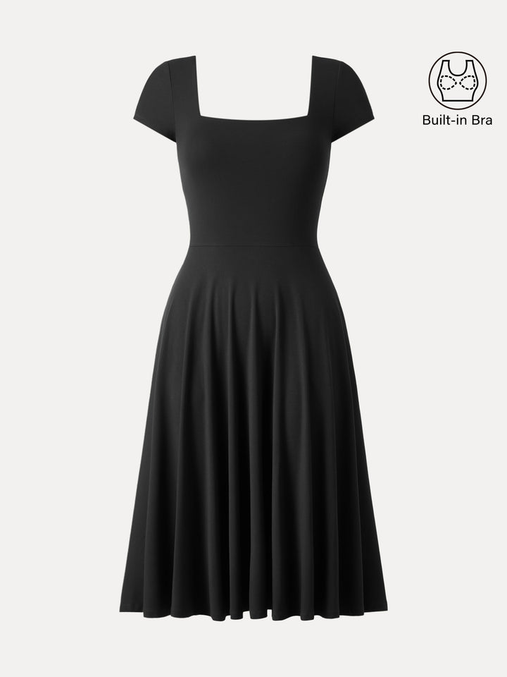 Flowy Square Neck Short Sleeve Midi Brami Dress Black XS