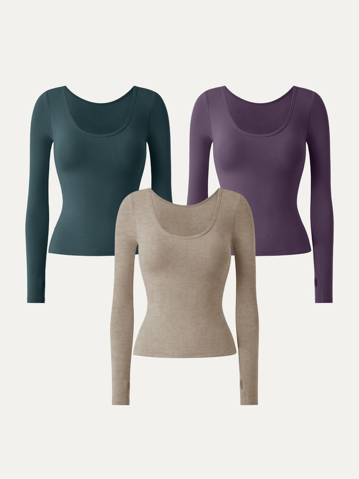 3Pcs Set Essential Lyocell Cashmere Multi-Wear Long Sleeve Top with Thumbholes Heather Calico/Plum Wine/Calactic Stream XS
