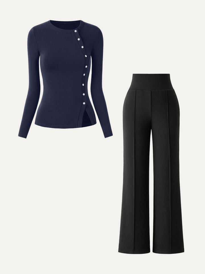 2Pcs Set Asymmetrical Placket Top & Tummy Warmer Pin-Tuck Pant Black/Midnight Navy XS