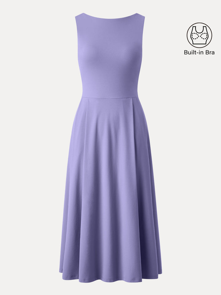 Boatneck Bamboo Ponte Brami Midi Dress with Pockets Wisteria XS