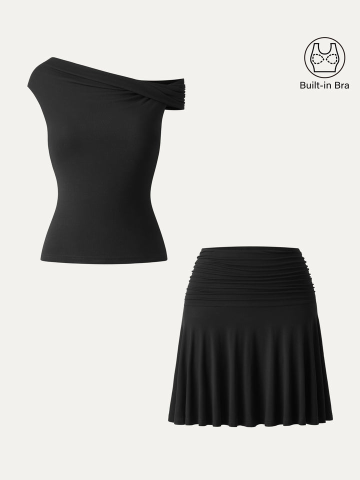 2Pcs Set Multi-wear Versatile Necklines Brami Top & Essential Ruched Mini Circle Skirt Black XS