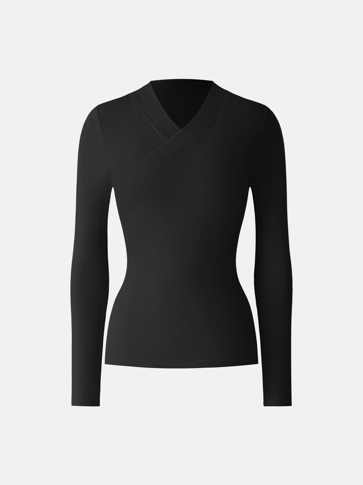 Wide Binding Surplice Long Sleeve Top Black XS
