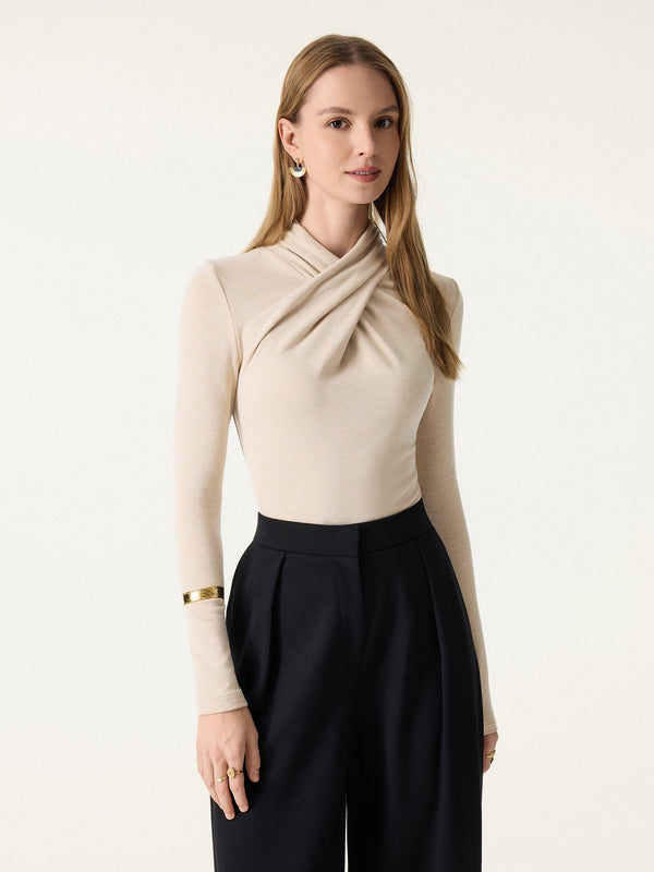 ProWarm Twisted Mockneck Long Sleeve Top Natural Calico XS