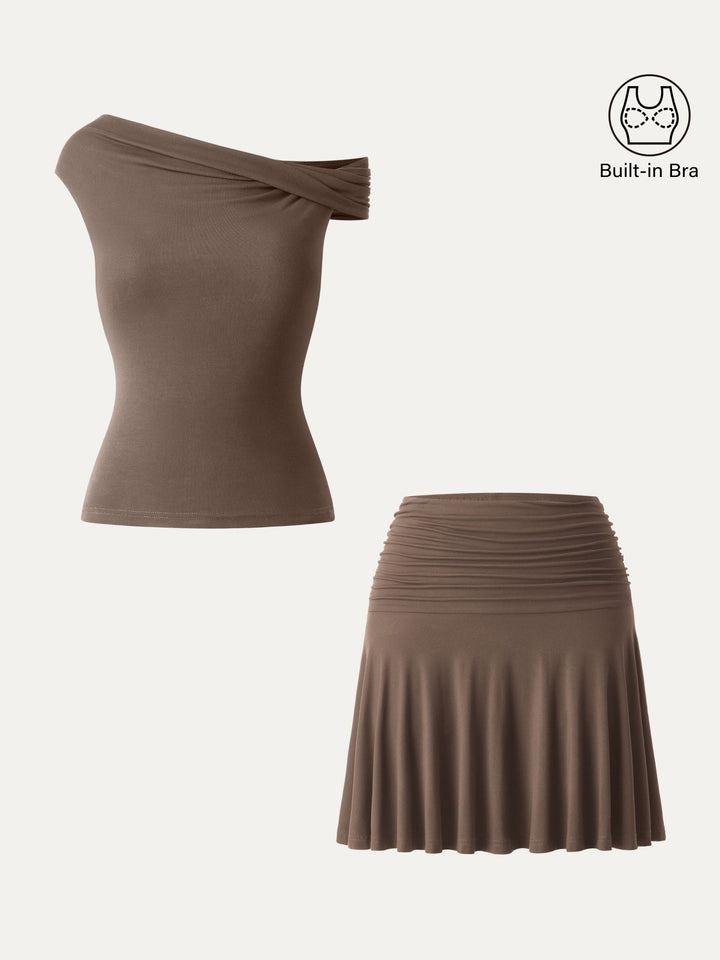 2Pcs Set Multi-wear Versatile Necklines Brami Top & Essential Ruched Mini Circle Skirt Iced Mocha XS