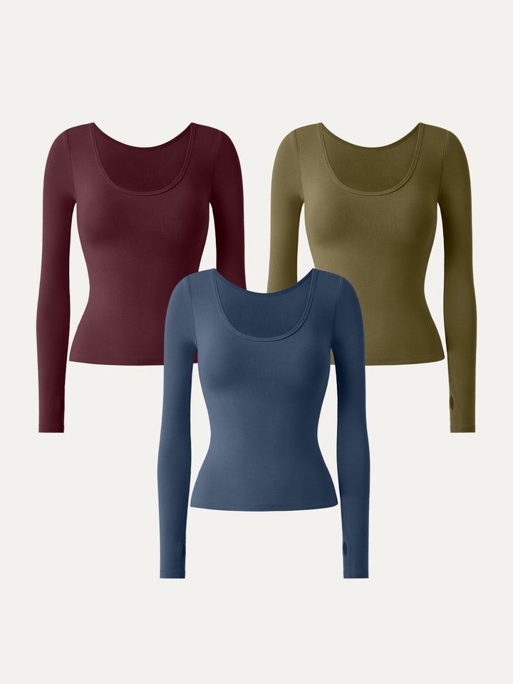 3Pcs Set Essential Lyocell Cashmere Multi-Wear Long Sleeve Top with Thumbholes Wine/Ink Blue/Brass Olive XS