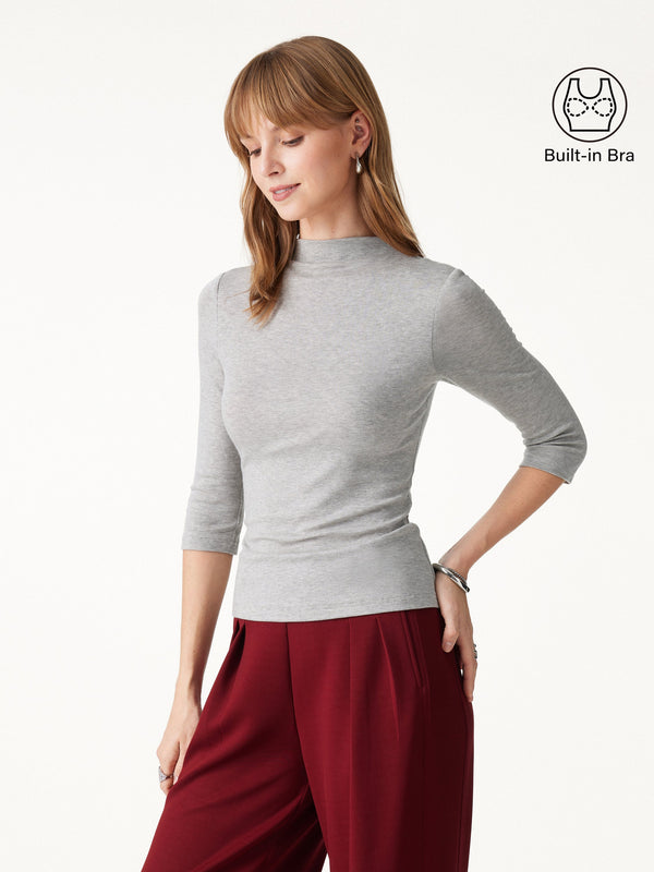 OGLmove Premium Lyocell-Wool Knit Mock Neck 3/4 Sleeve Bra Top Heather Silver Grey XXS