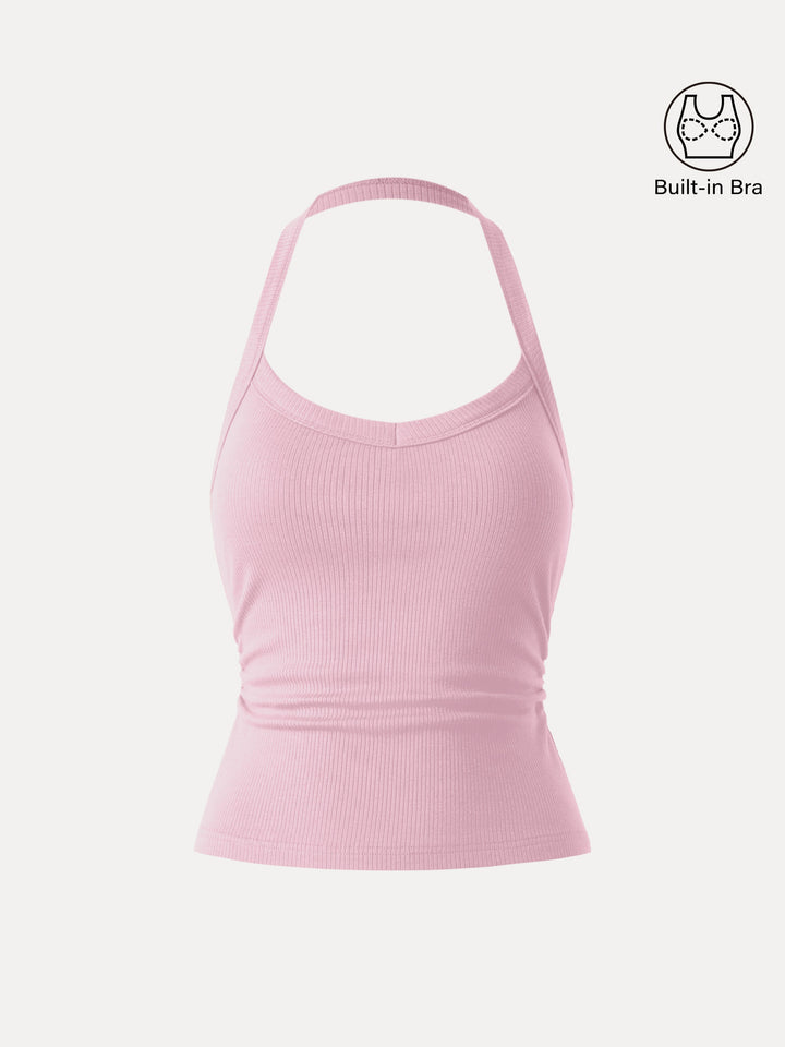 Halter Neck Side Ruched Ribbed Brami Tank Rose Quartz XS
