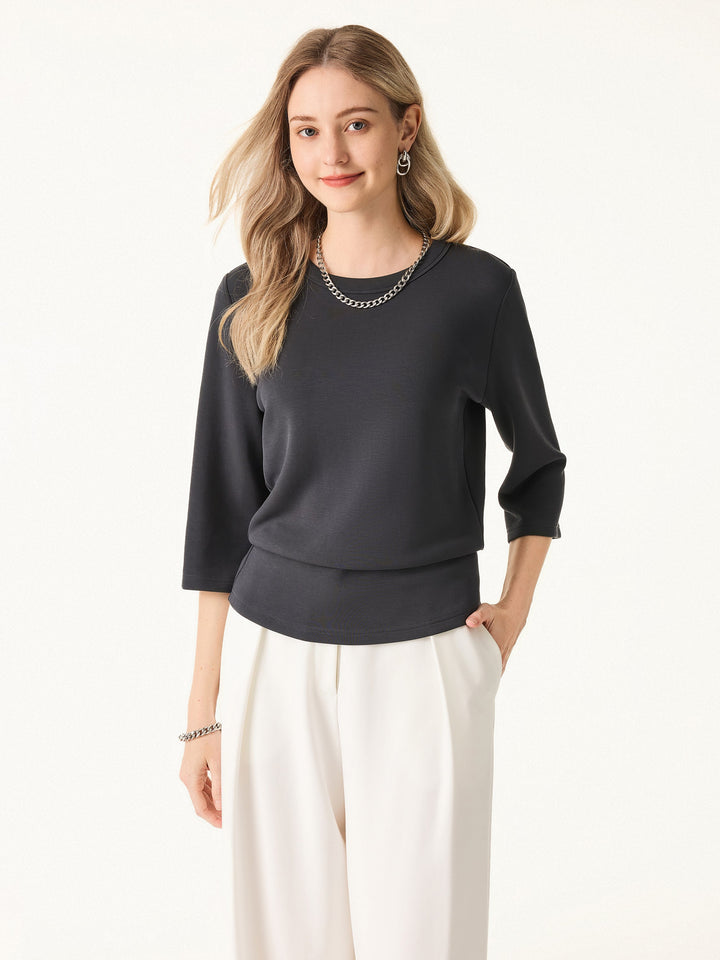 2Pcs Set Crewneck 3/4 Sleeve Top & Mid Rise Straight Leg Pull-on Trousers with Pockets