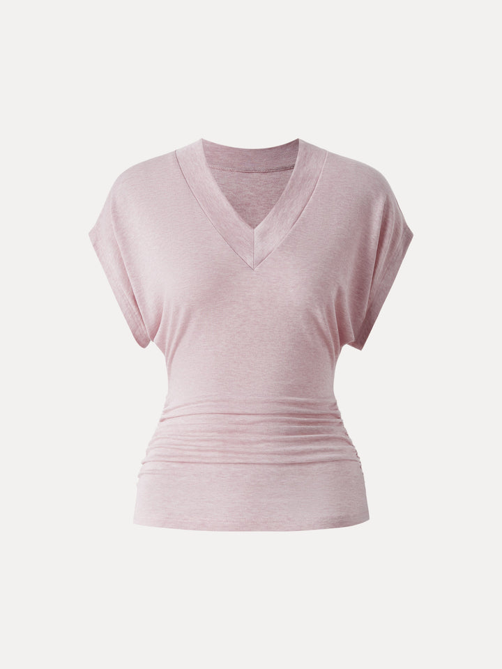 Lyocell Cashmere Blend V-neck Short Sleeve Side Ruched Tee Heather Light Pink XS