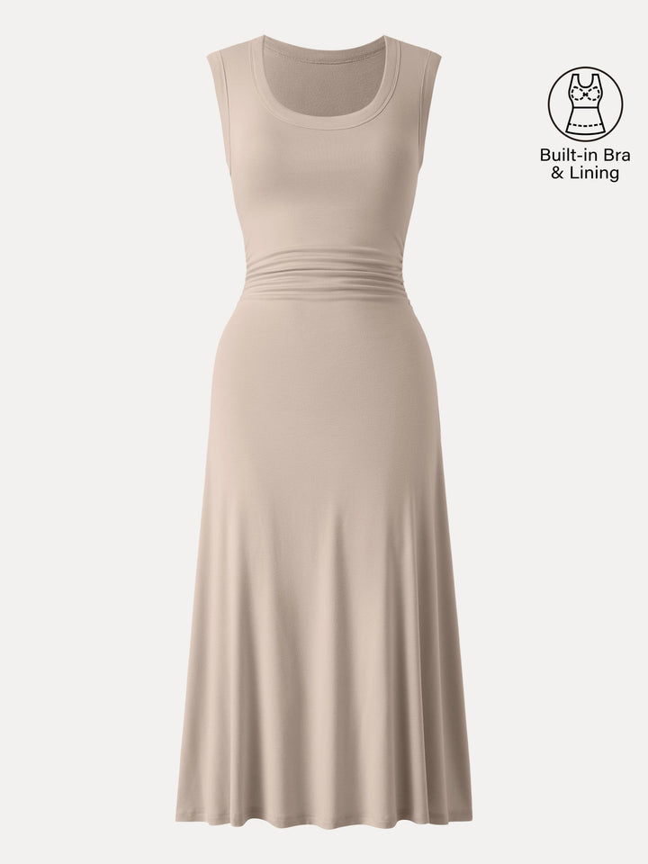 Scoop Neck Side Ruched New Airy Brami Midi Dress Oatmeal XS