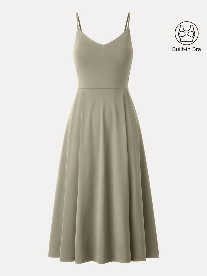 Bamboo Ponte V-neck Fit-and-flare Midi Brami Sundress with Pockets Artichoke Green XS