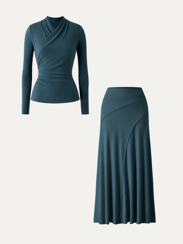 OGLmove 2Pcs Set Surplice Long Sleeve Top & A-Line Midi Skirt