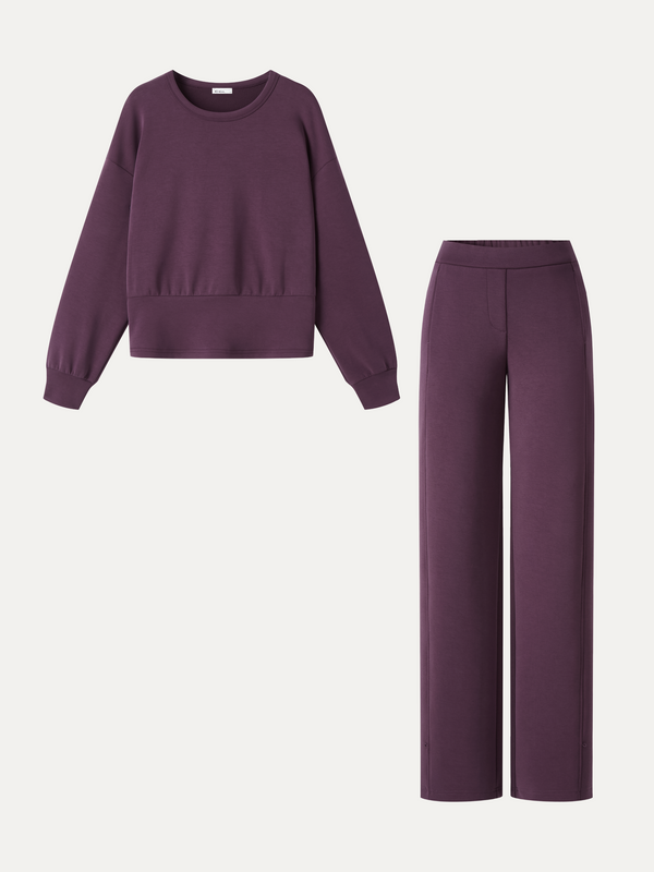OGLmove 2Pcs Set MaxWarm Fleece Round Neck Long Sleeve Top & High-Rise Belted Wide-Leg Pants with Pockets