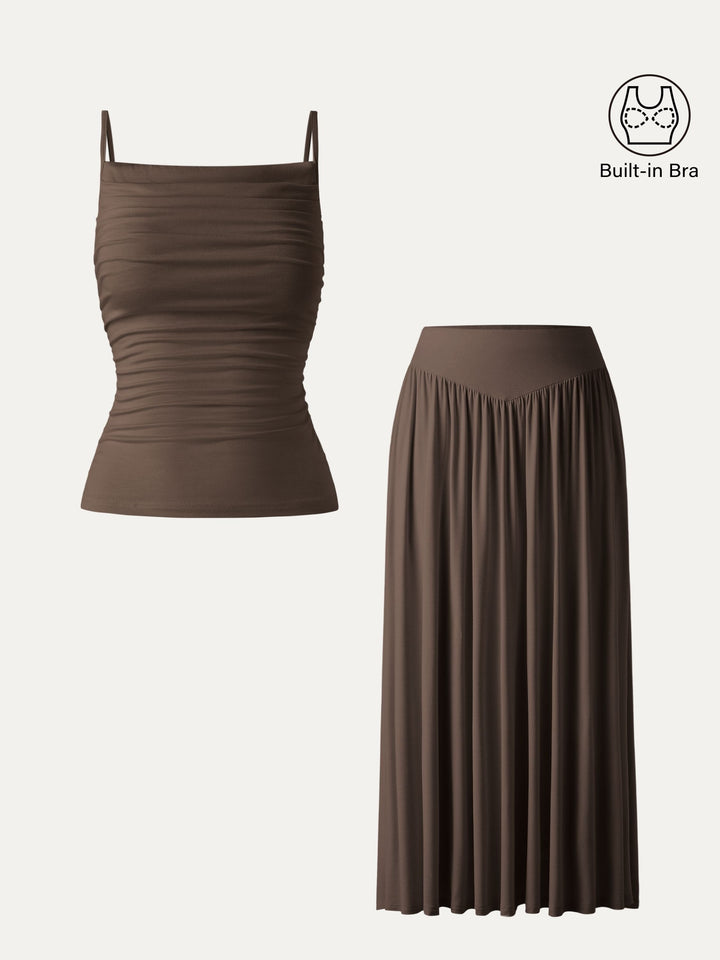 2Pcs Set Adjustable Spaghetti Straps Brami & V-shape Maxi Skirt with Pockets Cocoa XS