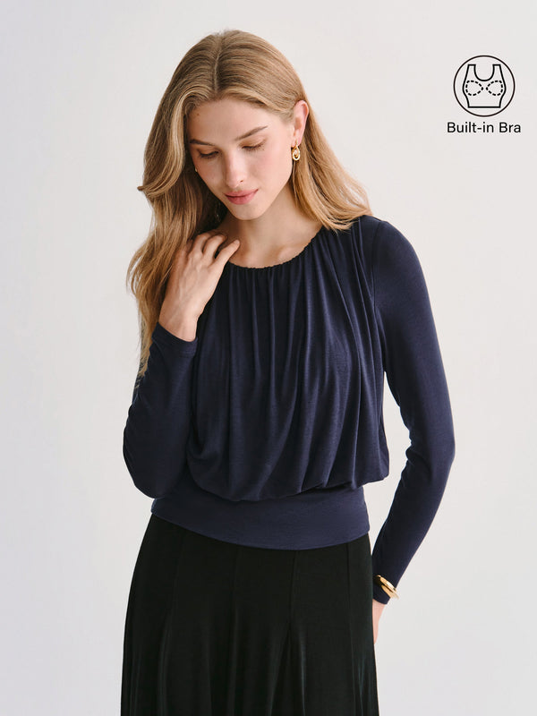 OGLmove LiteWarm Lyocell-Wool Round Neck Long Sleeve Tucked Built-In Bra Top Universe Navy XXS