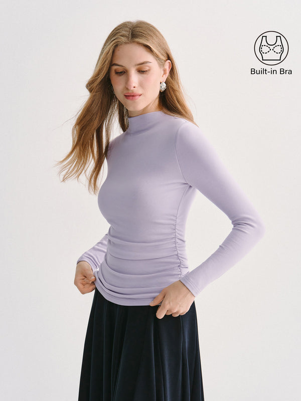 OGLmove ProWarm Mock Neck Long Sleeve Ruched Built-In Bra Top Lilac Mist XXS