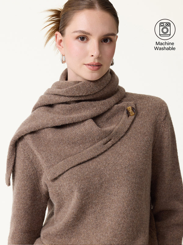 OGLmove Merino Blend Plush Sweater with Removable Scarf Heather Cocoa Brown XS