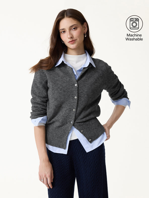 OGLmove 100% Merino Wool Crew Neck Long Sleeve Button-Front Cardigan Heather Cloudy Silver Grey XS