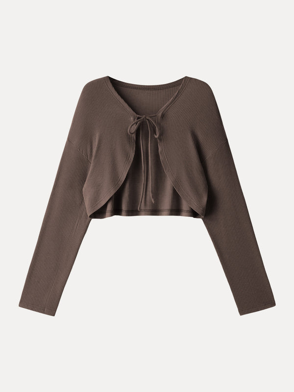 Textured Summer Cropped Cardigan with Tie Dark Brunette Brown XS