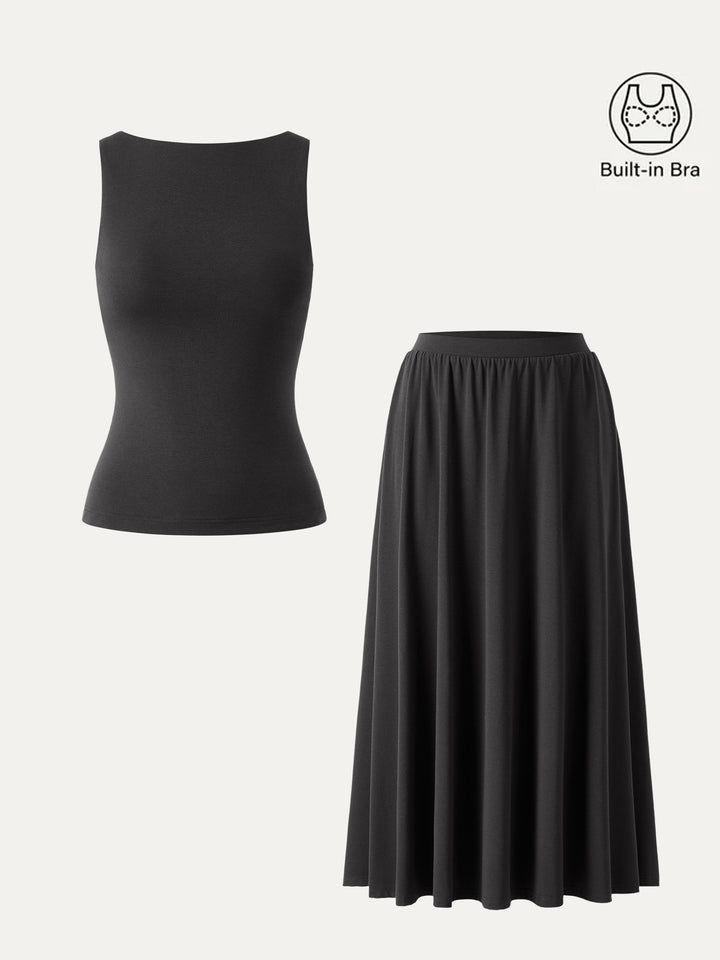 2Pcs Set Stretch Cotton Boatneck Brami Tank & Maxi Umbrella Skirt with Pockets Shadow XS