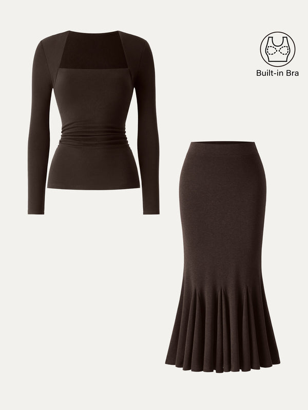 OGLmove 2Pcs Set Trapeze Neck Ruched Bra Top & High-Rise Mermaid Midi Skirt