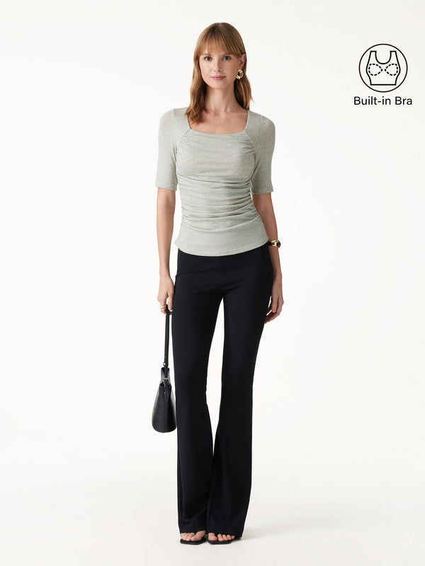 OGLmove Lyocell-Wool Square Neck Elbow Sleeve Ruched Bra Top
