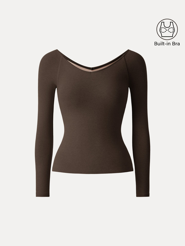 Stretch Cotton V-Neck Long Sleeve Brami Top Espresso XS