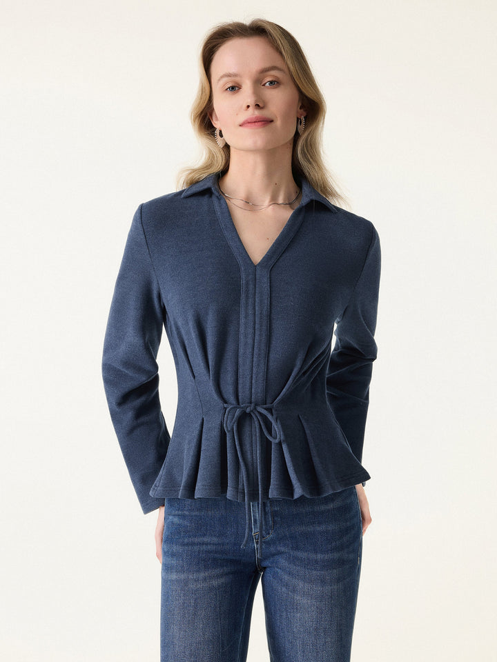 Polo Neck Drawstring Tie Long Sleeve Top