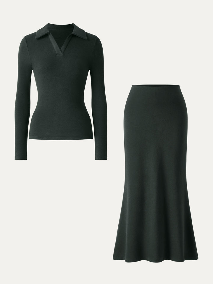 2Pcs Set MaxWarm Polo Neck Top & Tummy-Control Flared Maxi Skirt