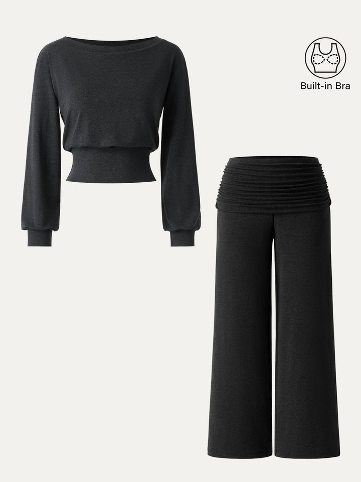 2Pcs Set Boatneck Brami & Drapey Wide Leg Pull-on Pants with Pockets Black XS