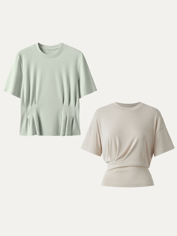 2Pcs Set Crewneck Cinched Waist Tee & Sandwashed Tucked Tee Morning Mist/Apple Blossom XS