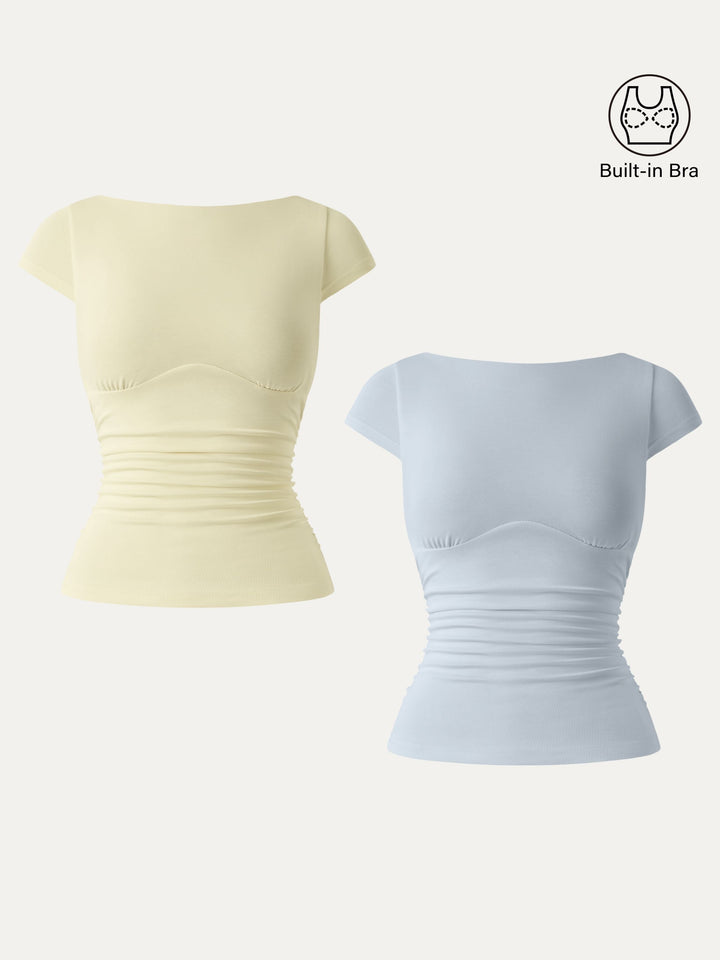 2Pcs Set Sandwashed Boatneck Cap Sleeve Ruched Brami Butter Yellow/Smoke Blue XS
